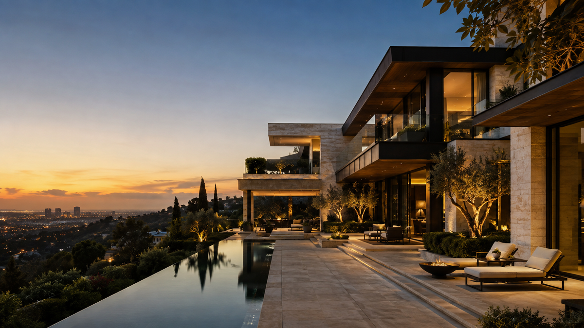 Contemporary Beverly Hills hillside estate at sunset