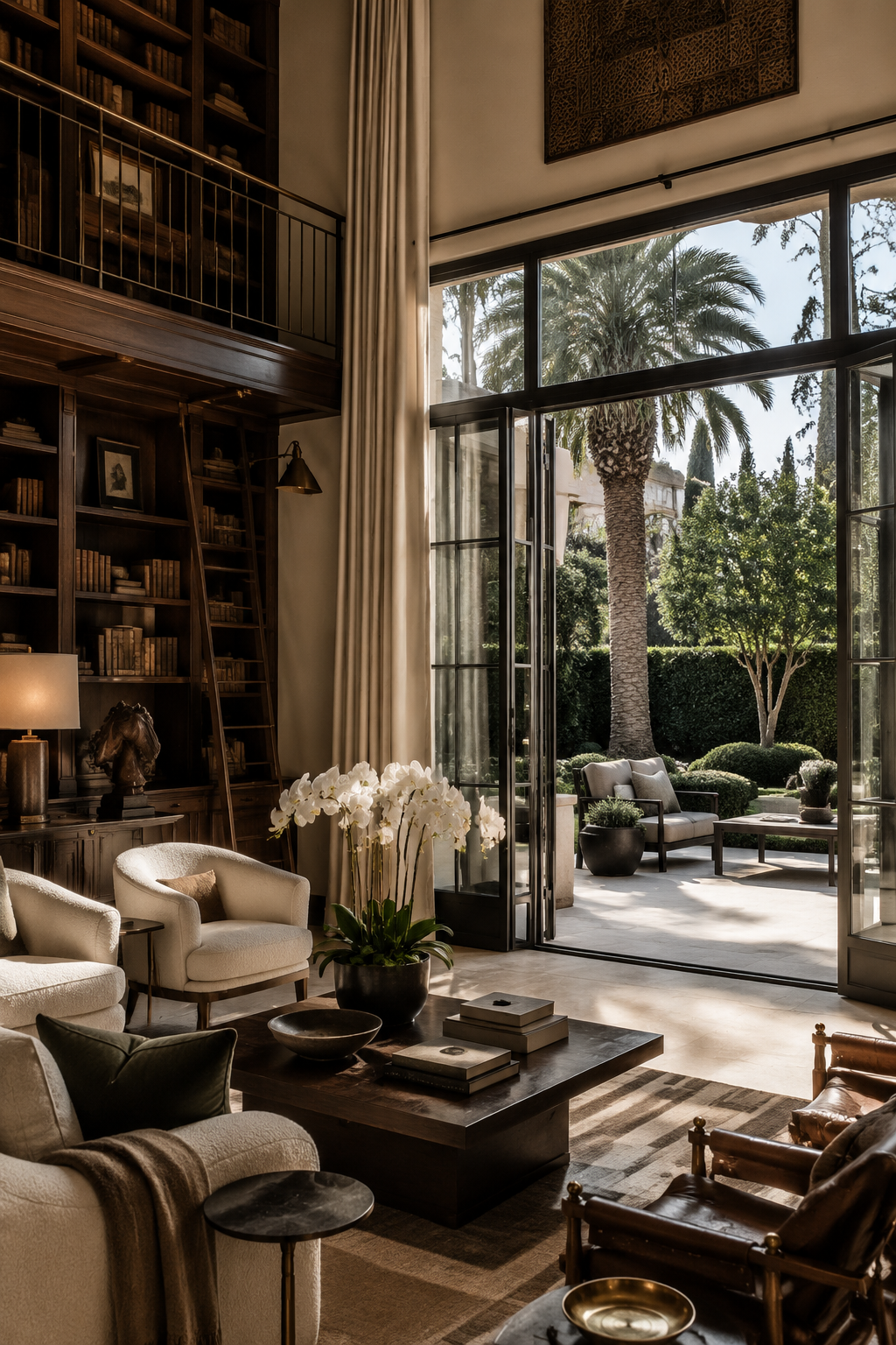 Refined California interior opening onto a palm-lined garden